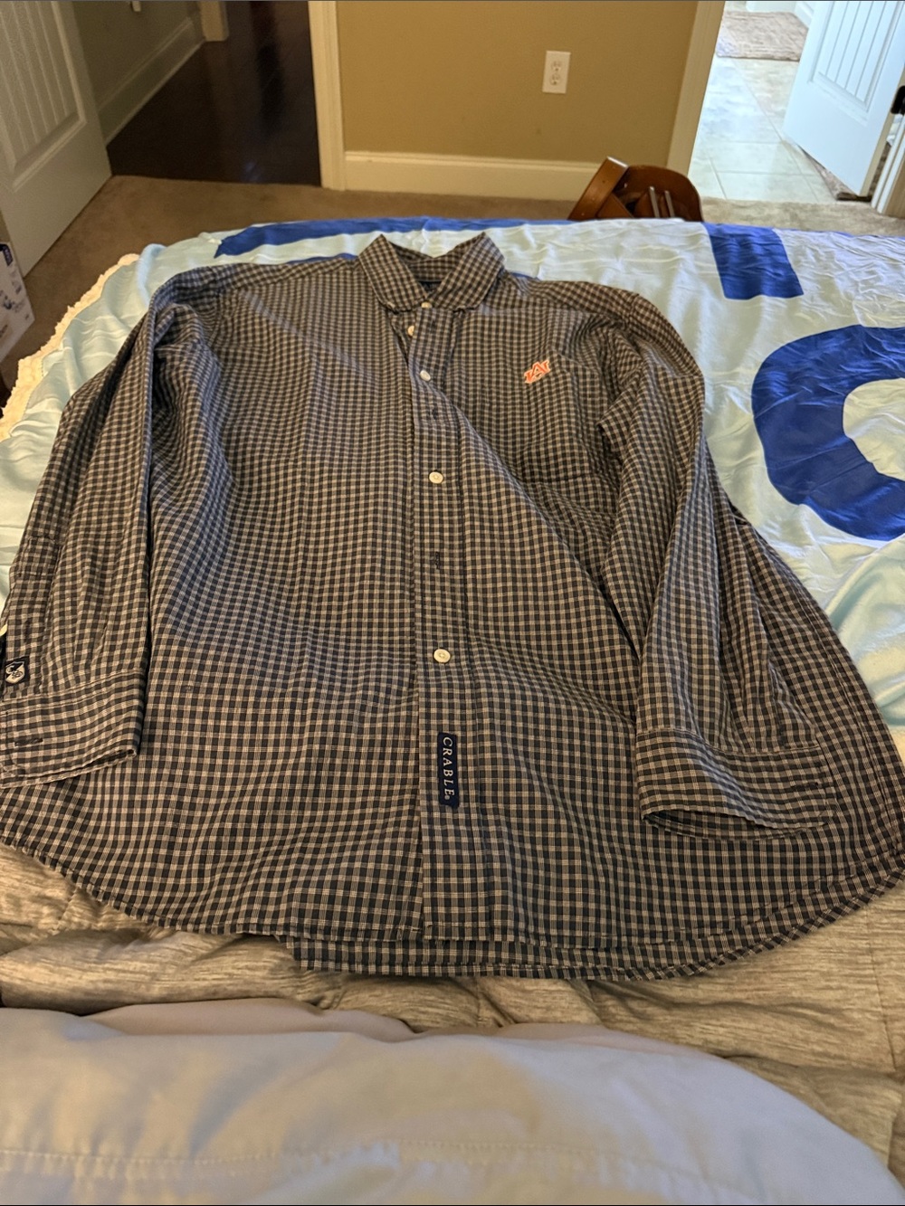 Crable Men's Navy & White Check Button-Down LS Shirt w/AU (Auburn) on left -LG